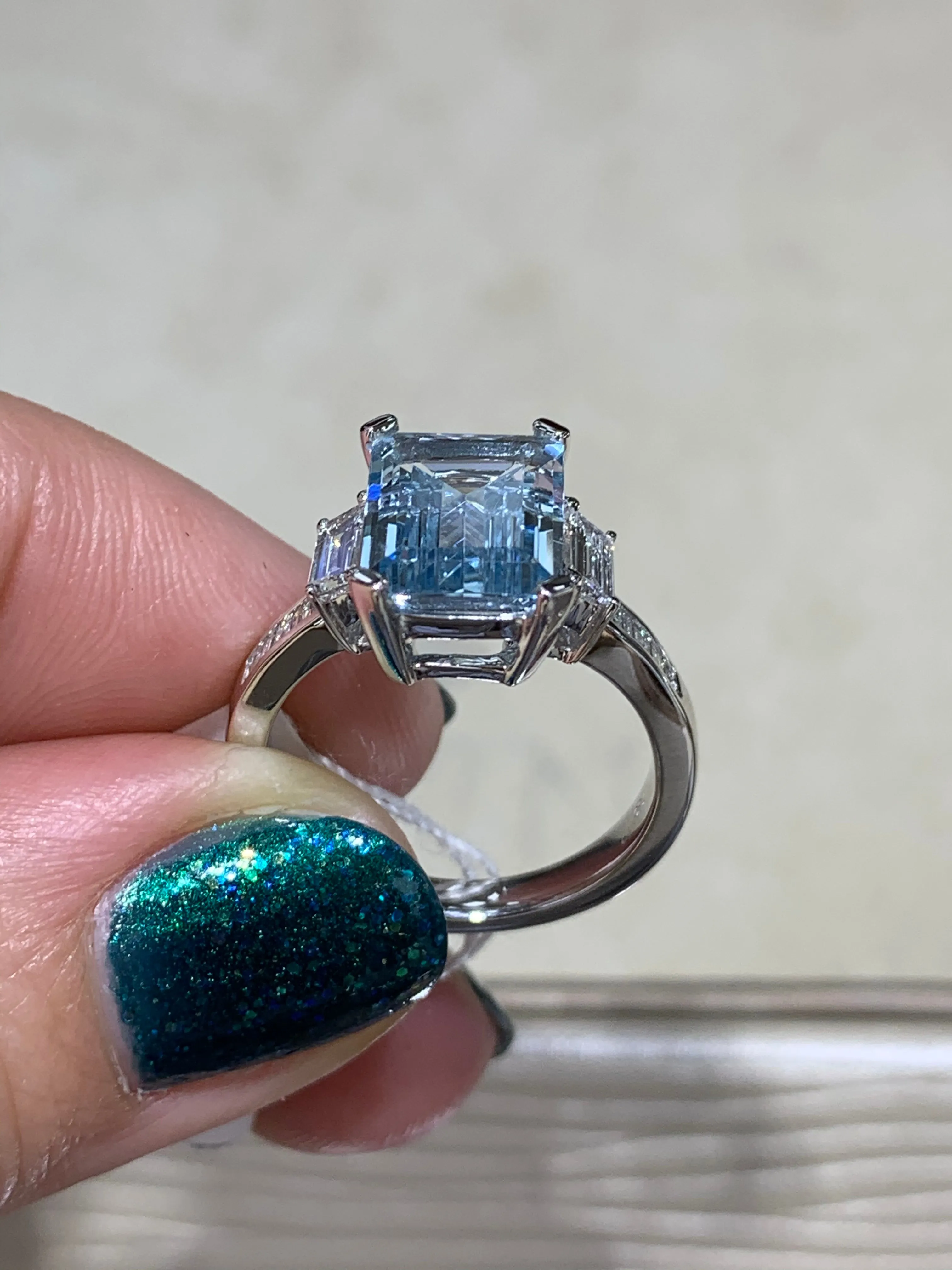 Aquamarine Trapeze Diamond Ring