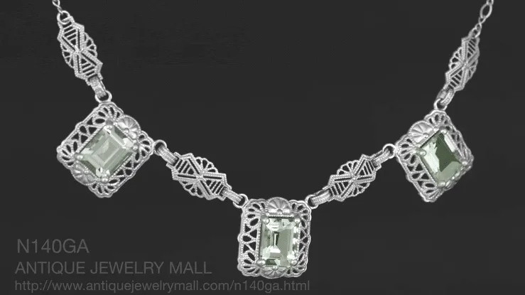 Art Deco Filigree Prasiolite ( Green Amethyst ) 3 Drop Necklace in Sterling Silver