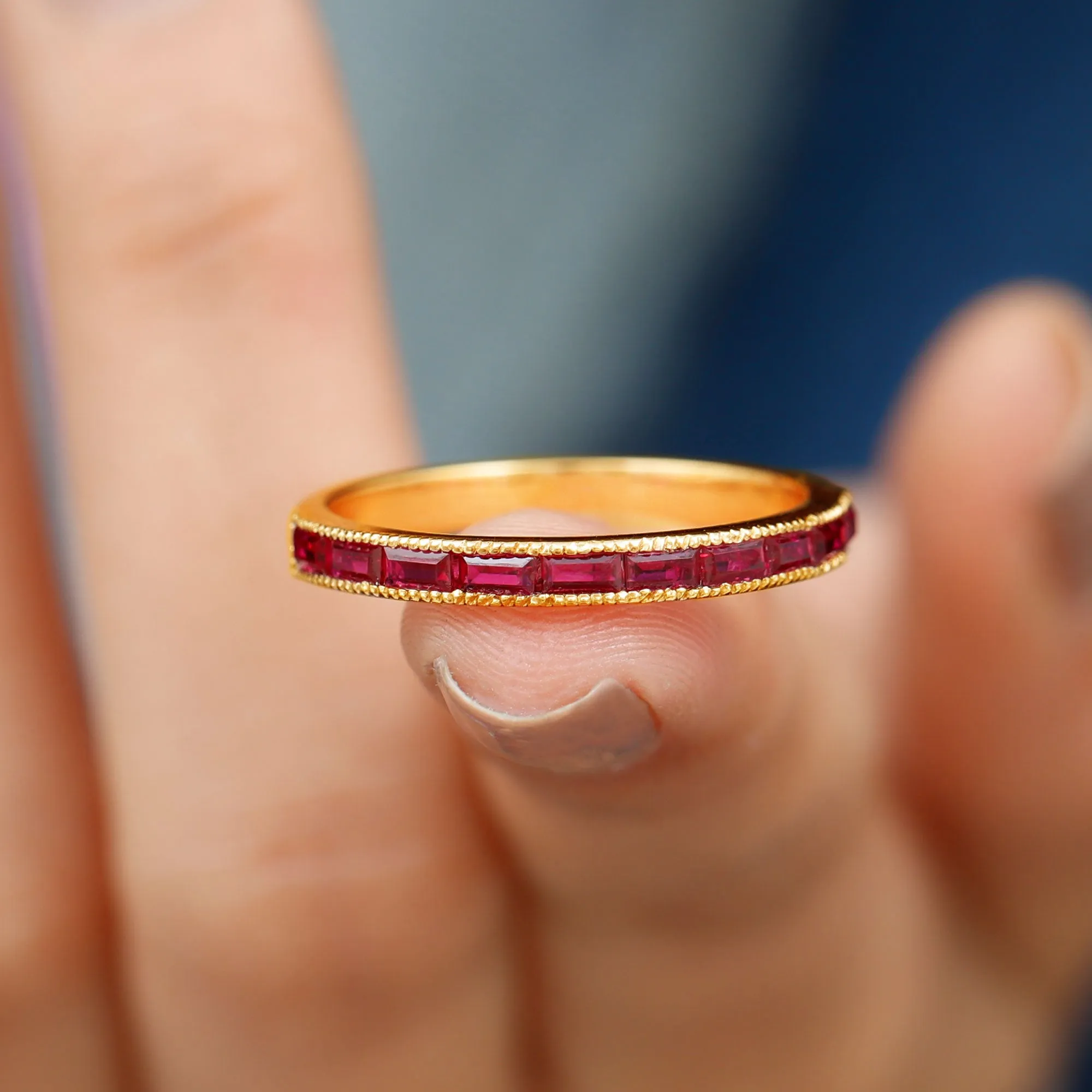 Baguette Cut Lab Grown Ruby Milgrain Band Ring