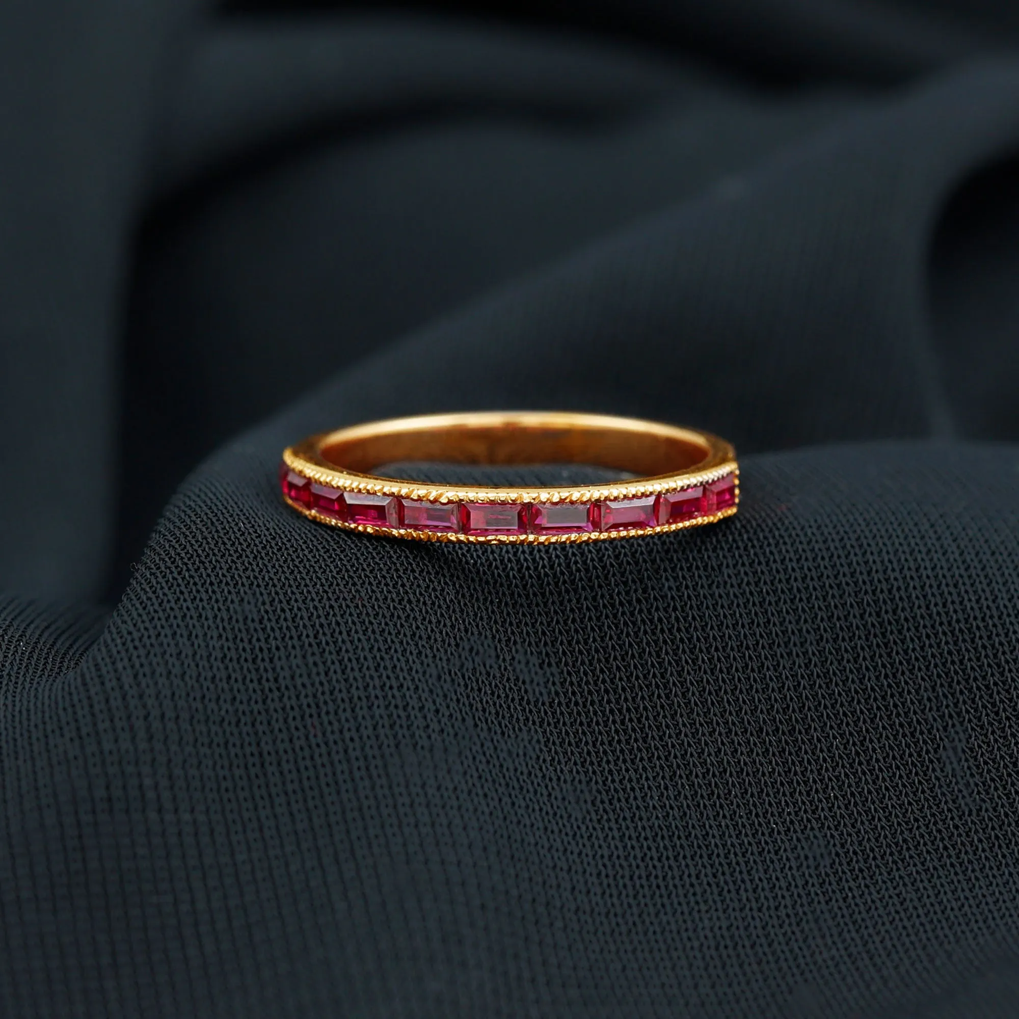 Baguette Cut Lab Grown Ruby Milgrain Band Ring