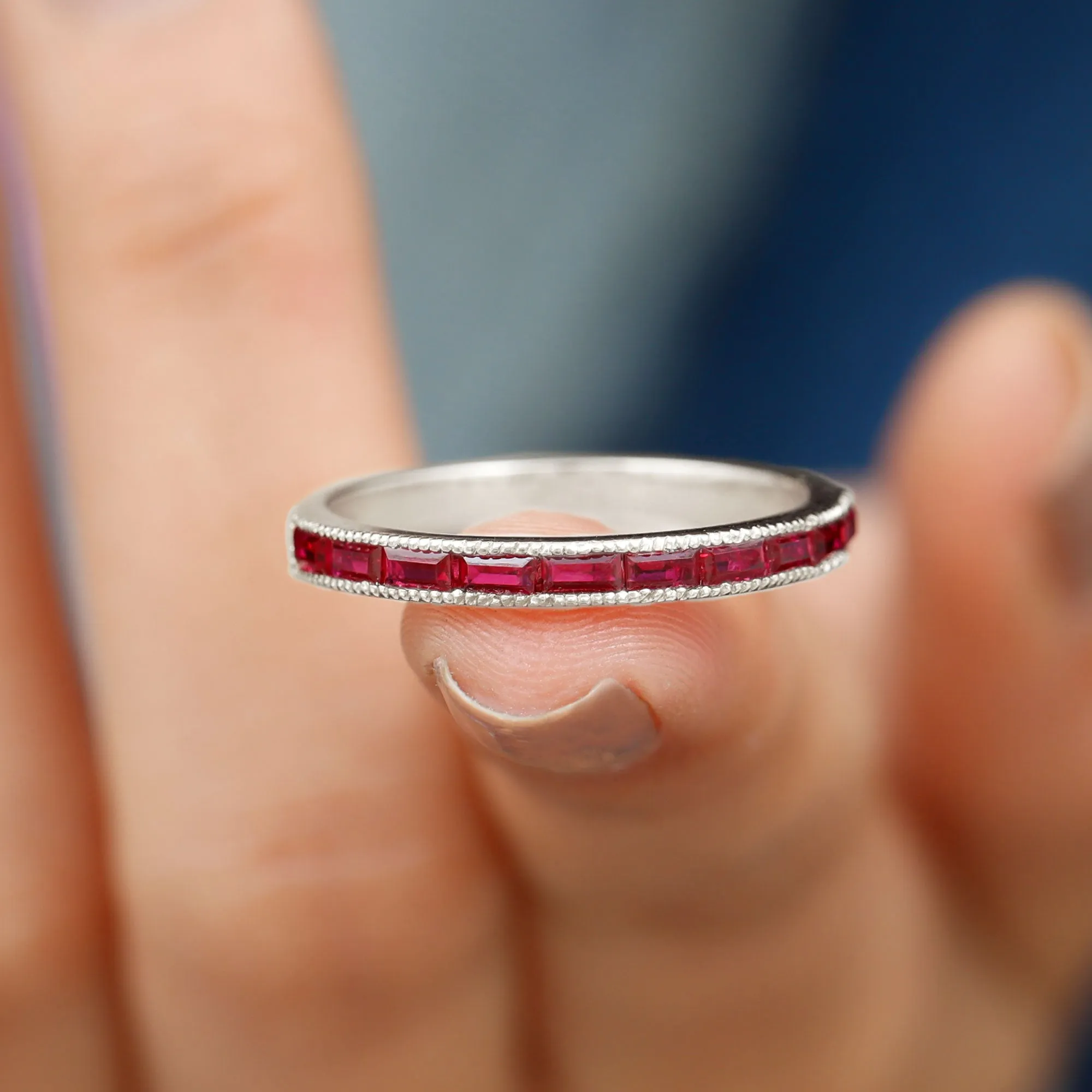 Baguette Cut Lab Grown Ruby Milgrain Band Ring