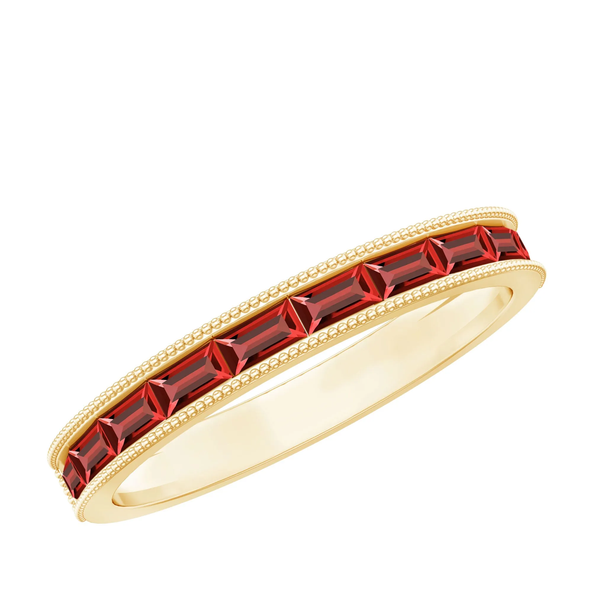 Baguette Cut Lab Grown Ruby Milgrain Band Ring