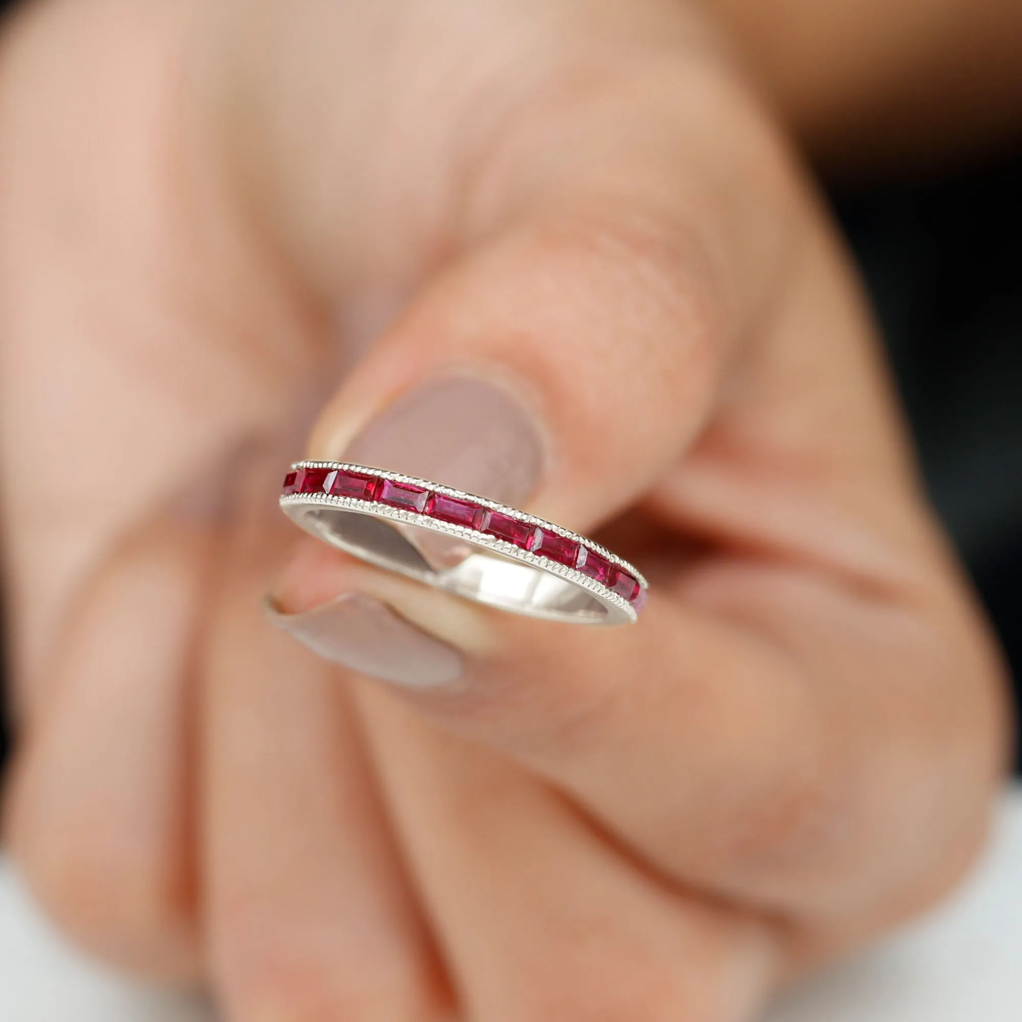 Baguette Cut Lab Grown Ruby Milgrain Band Ring