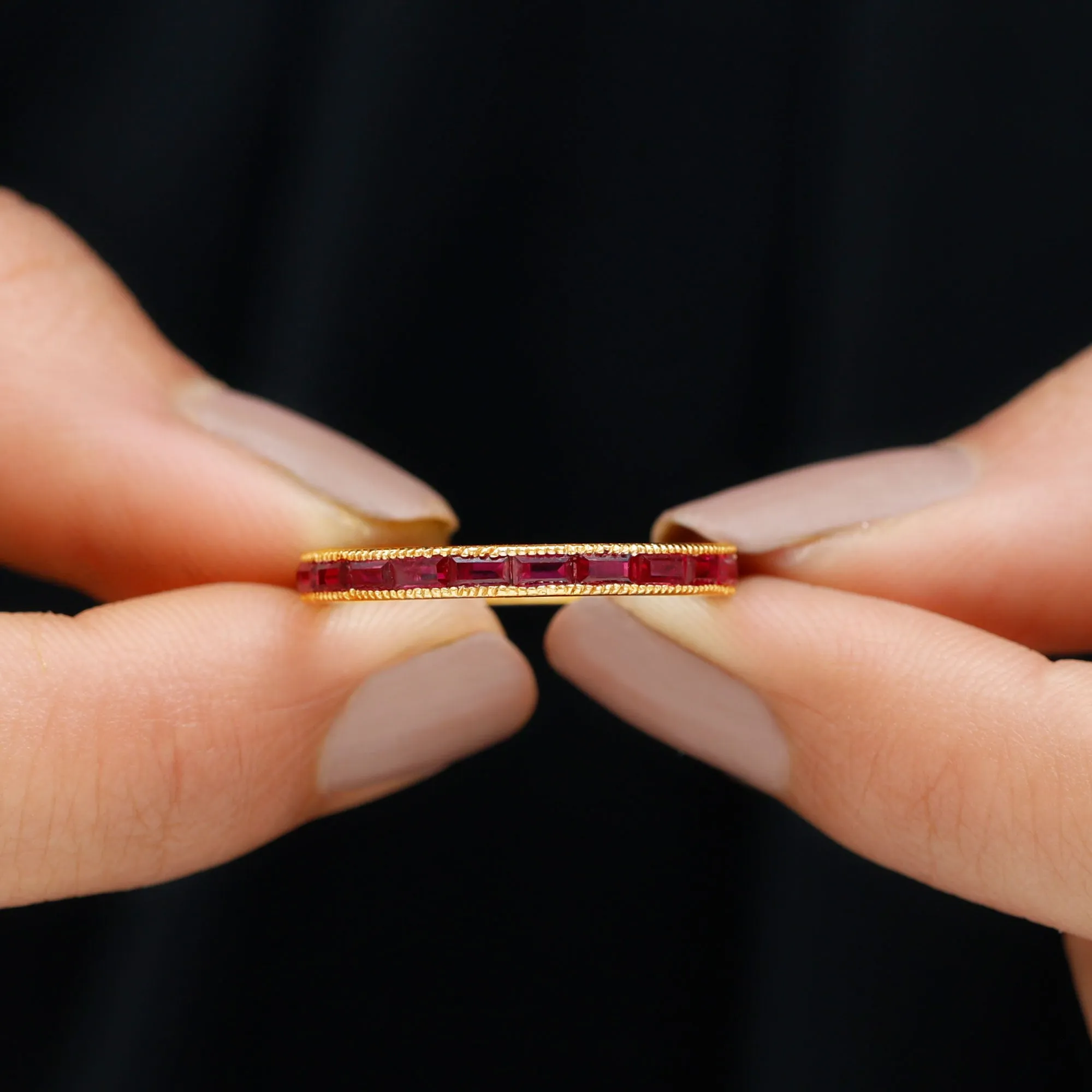 Baguette Cut Lab Grown Ruby Milgrain Band Ring