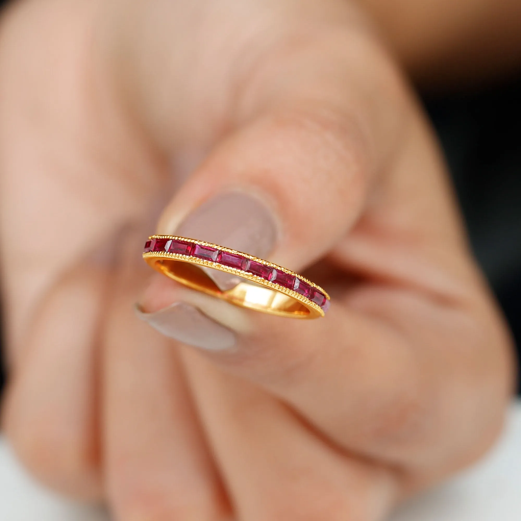 Baguette Cut Lab Grown Ruby Milgrain Band Ring