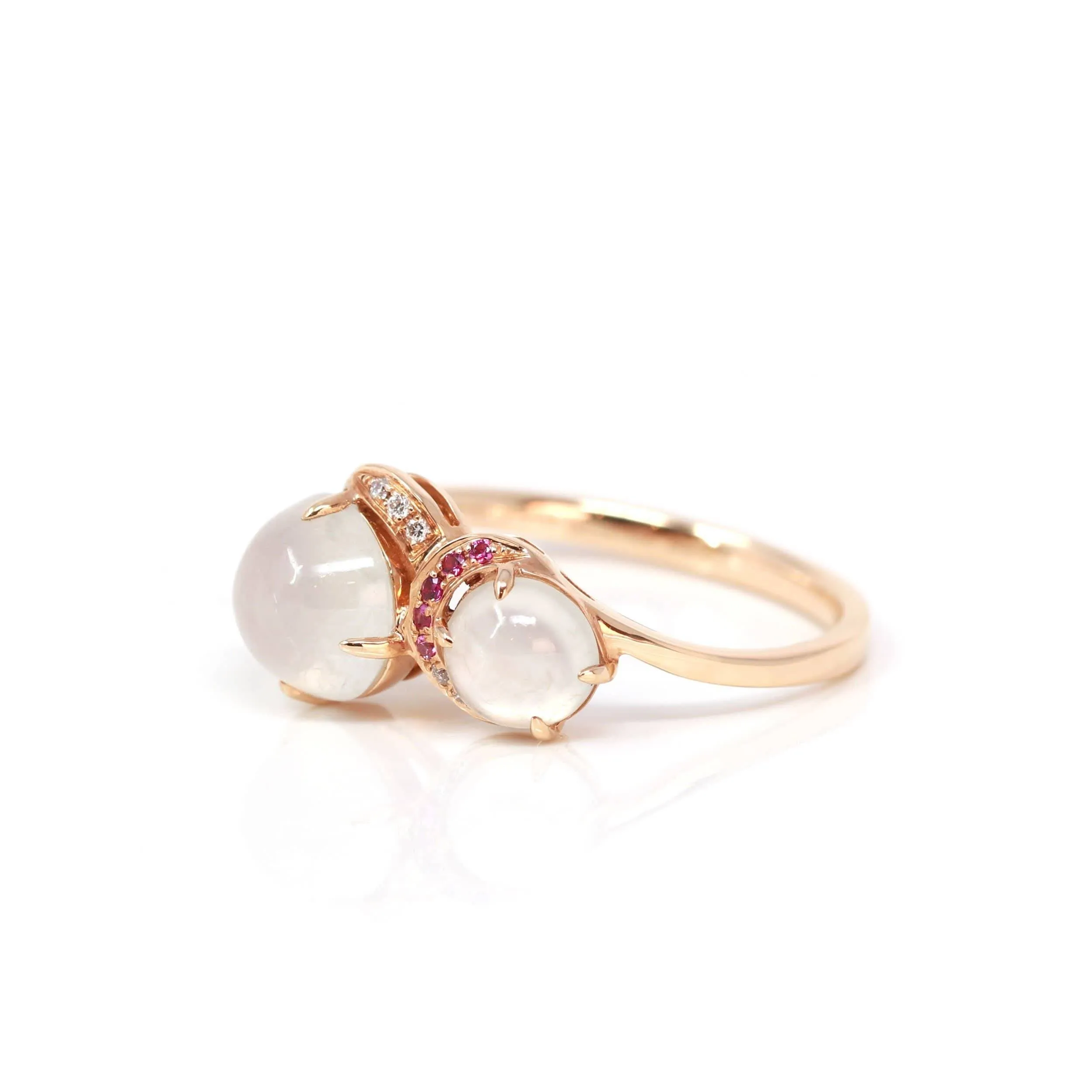 Baikalla™ "Jules" 18k Rose Gold Natural Ice Jadeite Engagement Ring With Rubys & Diamonds