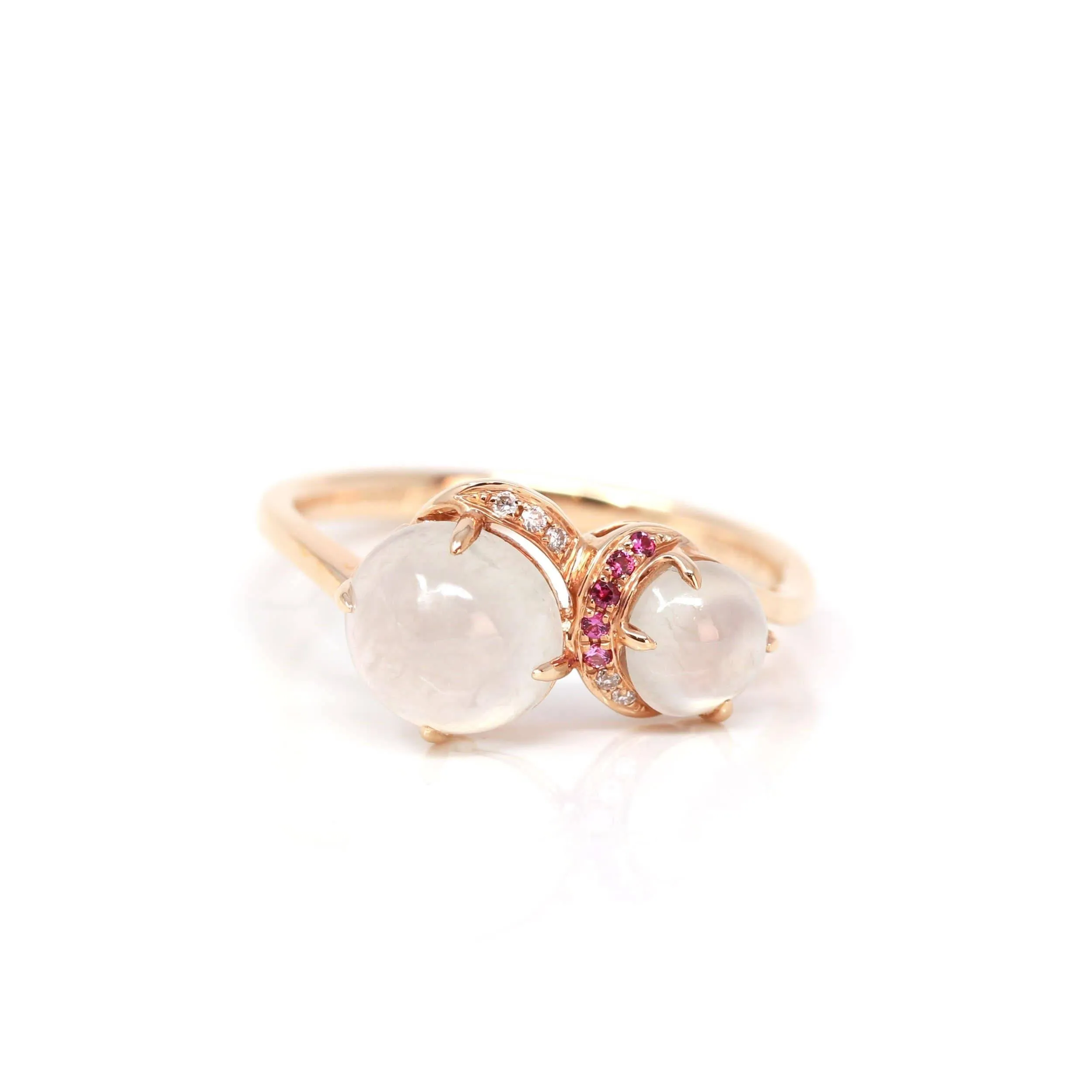 Baikalla™ "Jules" 18k Rose Gold Natural Ice Jadeite Engagement Ring With Rubys & Diamonds