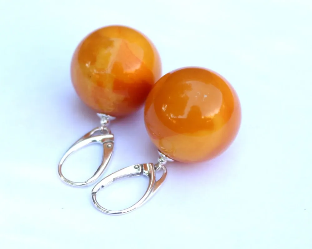 Baltic Amber Earrings Ball Round Antique Butterscotch Reconstructed Jewelry Yolk 1.6" 20 mm