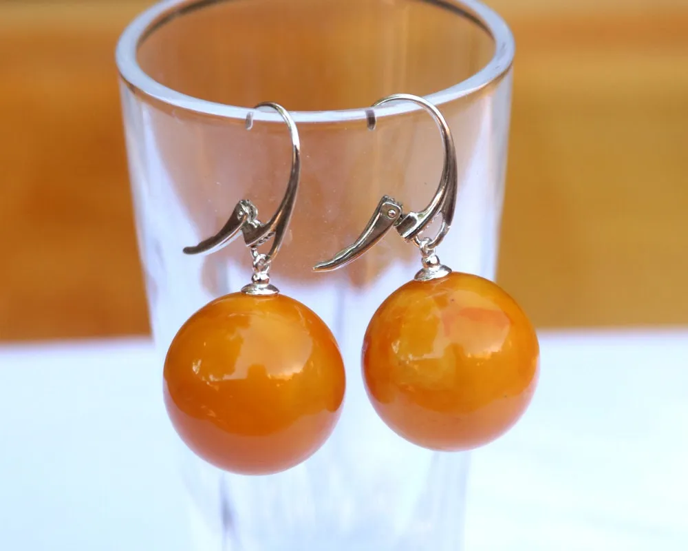 Baltic Amber Earrings Ball Round Antique Butterscotch Reconstructed Jewelry Yolk 1.6" 20 mm