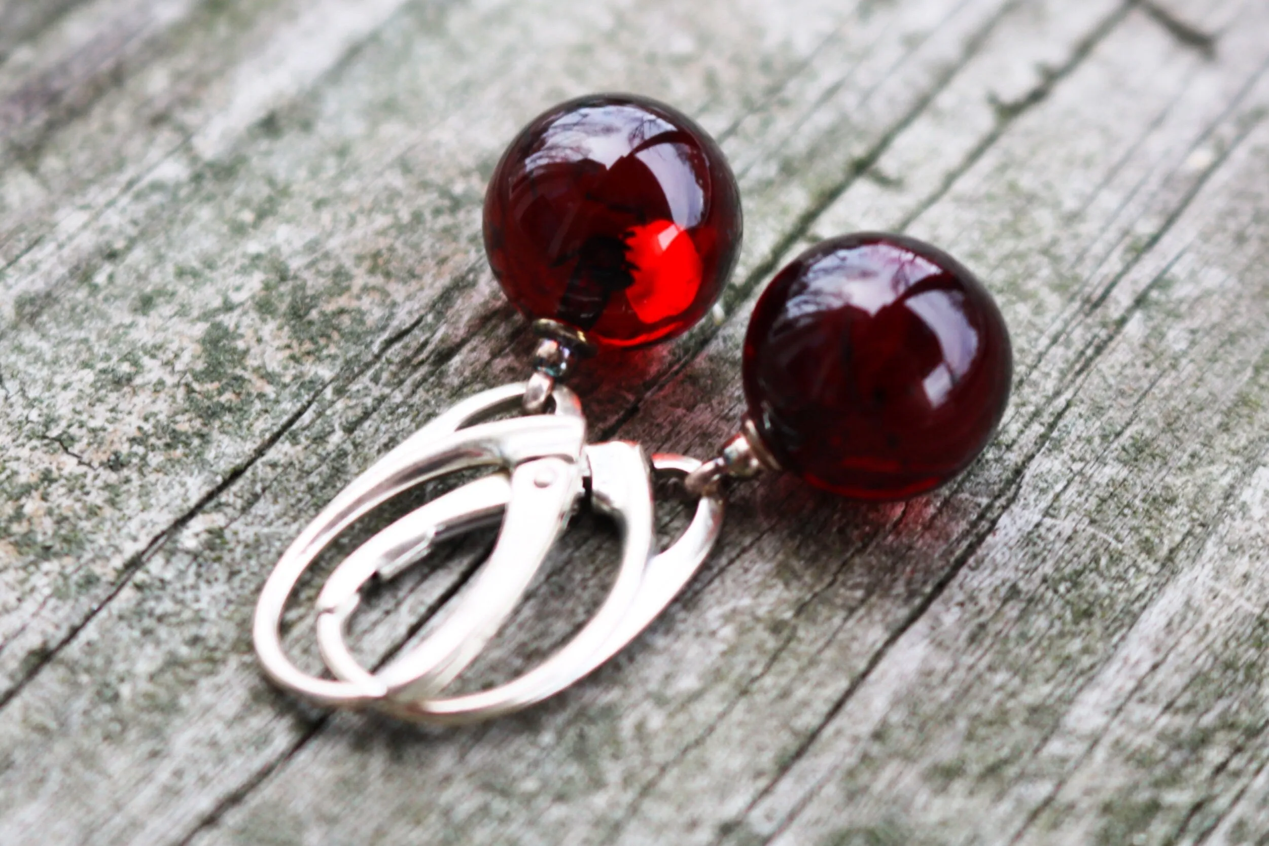 Baltic Amber Earrings Cherry Ball Dangling Natural Jewelry 1.2" 10 mm 925 Silver