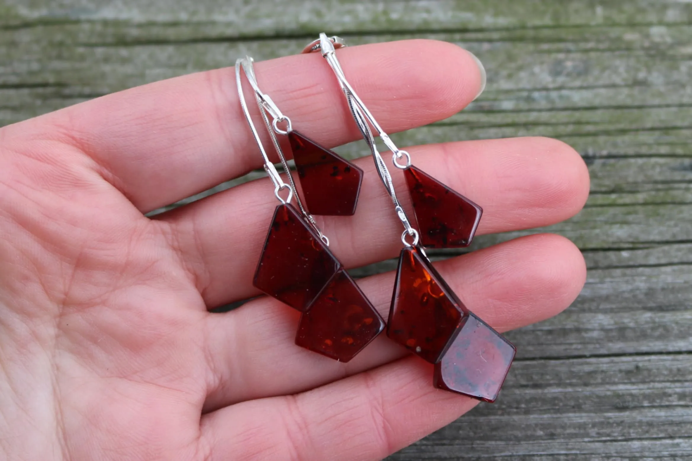 Baltic Amber Earrings Cherry Chain Long Natural Dangling Jewelry 3.4" 6.1 gram 925 Silver