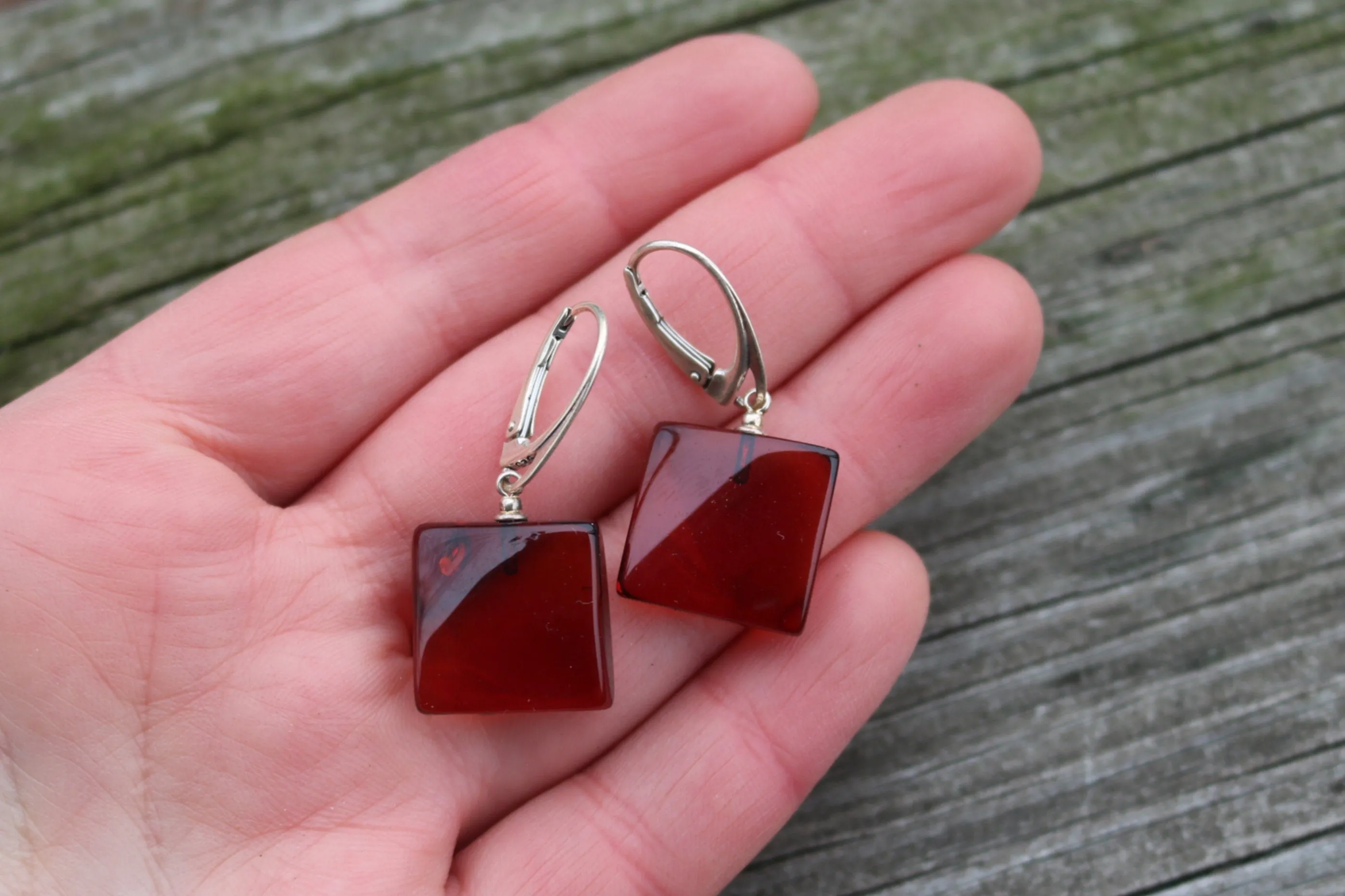 Baltic Amber Earrings Cherry Square Natural Jewelry 1.45" 4.1 gram 925 Silver