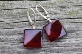 Baltic Amber Earrings Cherry Square Natural Jewelry 1.45" 4.1 gram 925 Silver