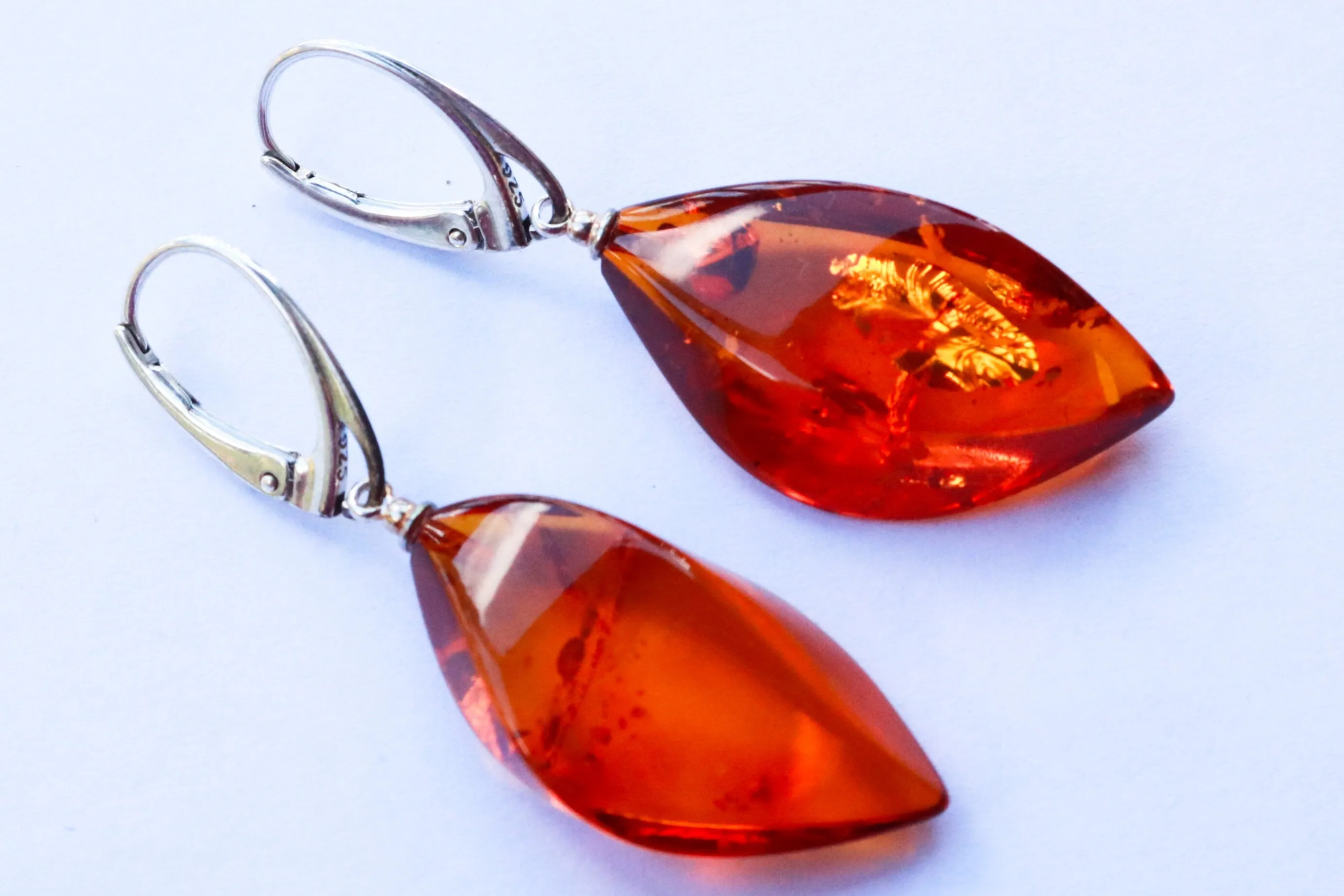 Baltic Amber Earrings Faceted Cognac Sparkling Natural Jewelry 1.9" 5.2 gram 925 silver