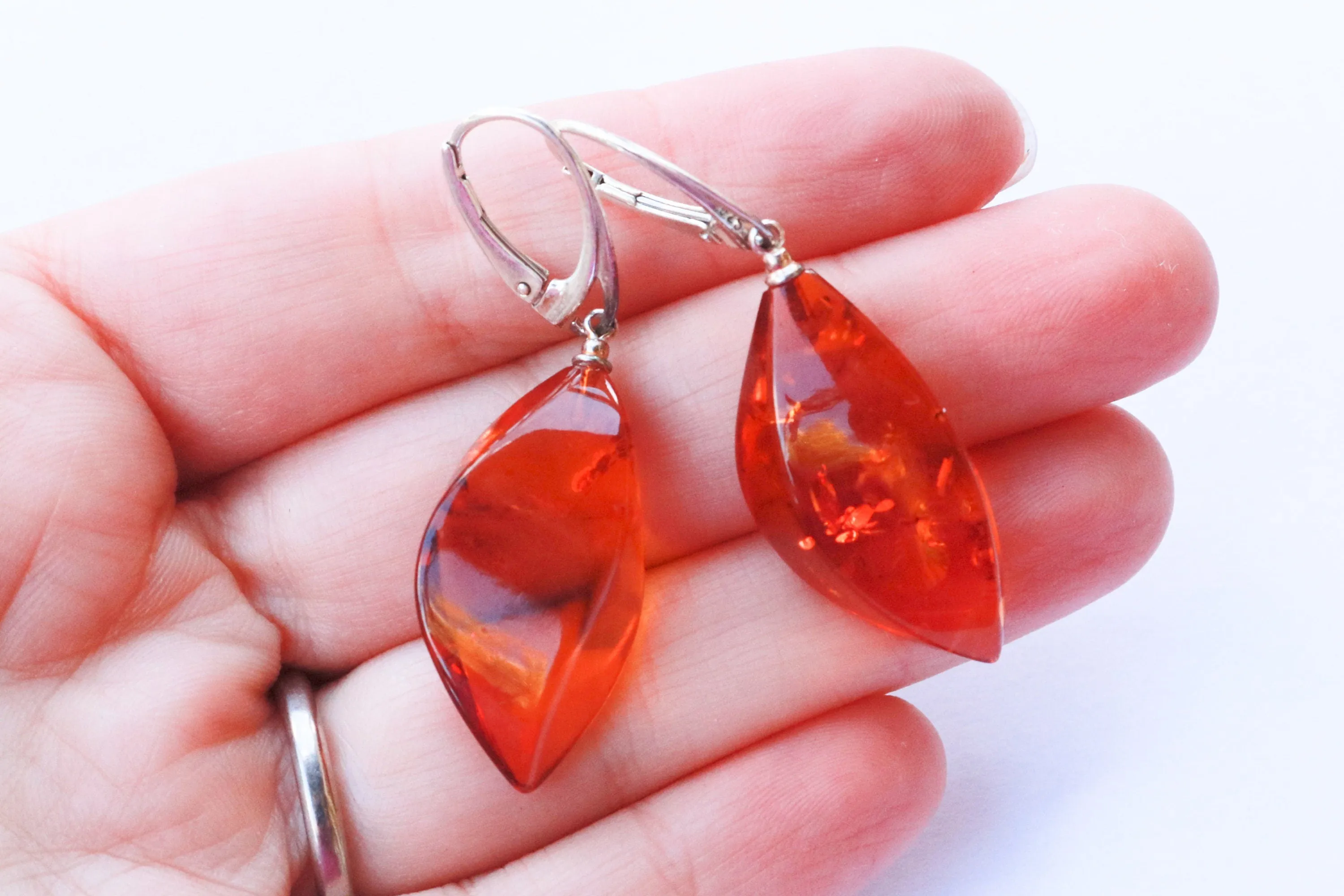 Baltic Amber Earrings Faceted Cognac Sparkling Natural Jewelry 1.9" 5.2 gram 925 silver