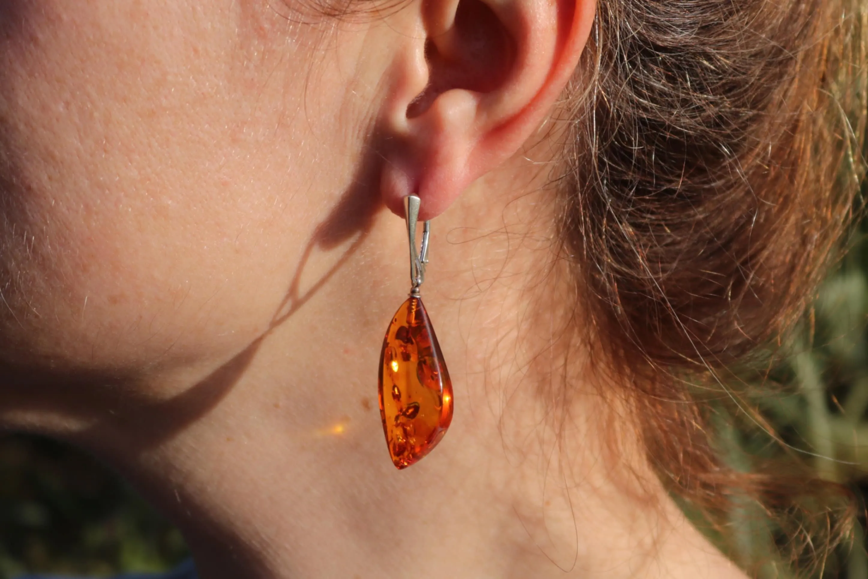 Baltic Amber Earrings Faceted Cognac Sparkling Natural Jewelry 1.9" 5.2 gram 925 silver