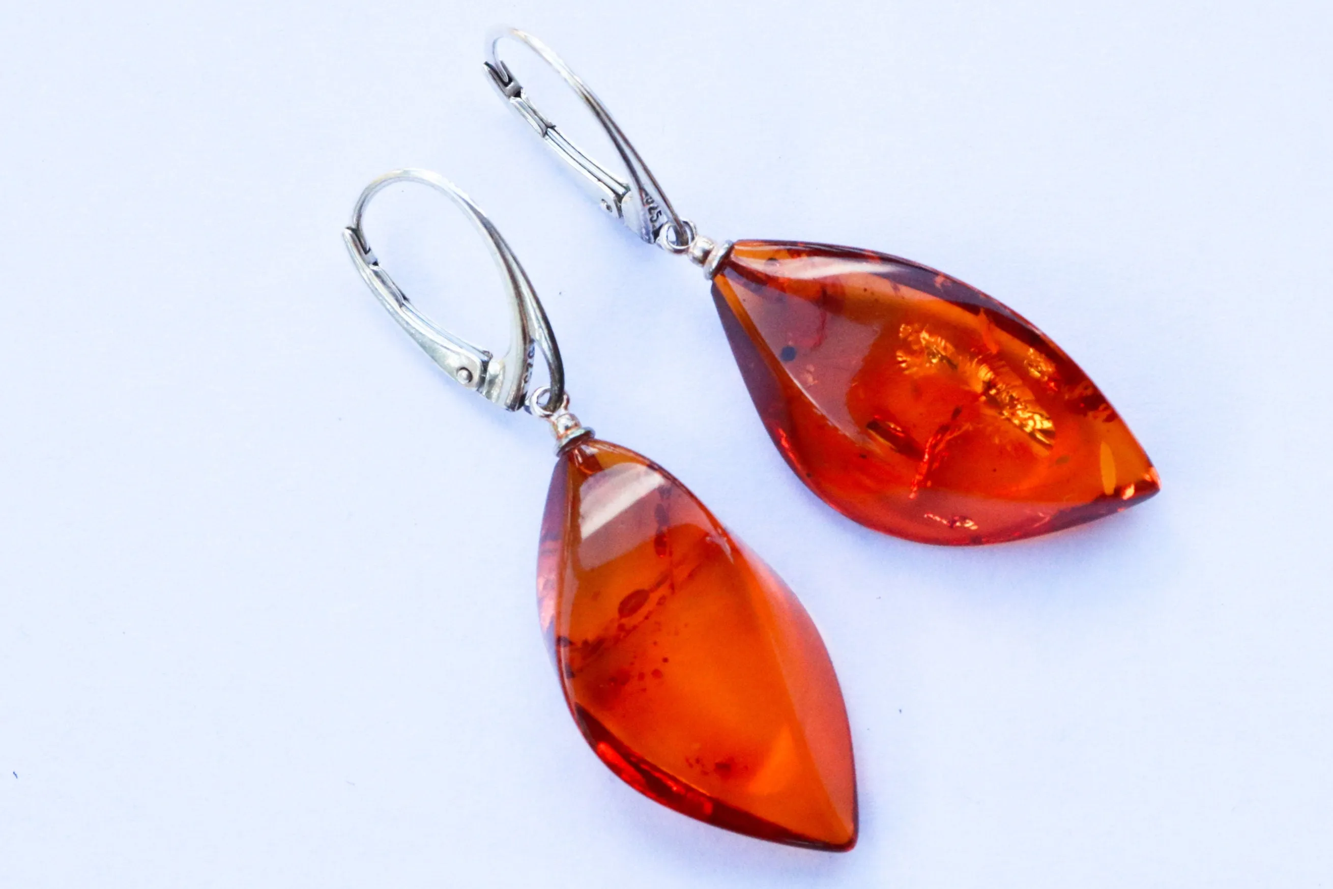 Baltic Amber Earrings Faceted Cognac Sparkling Natural Jewelry 1.9" 5.2 gram 925 silver