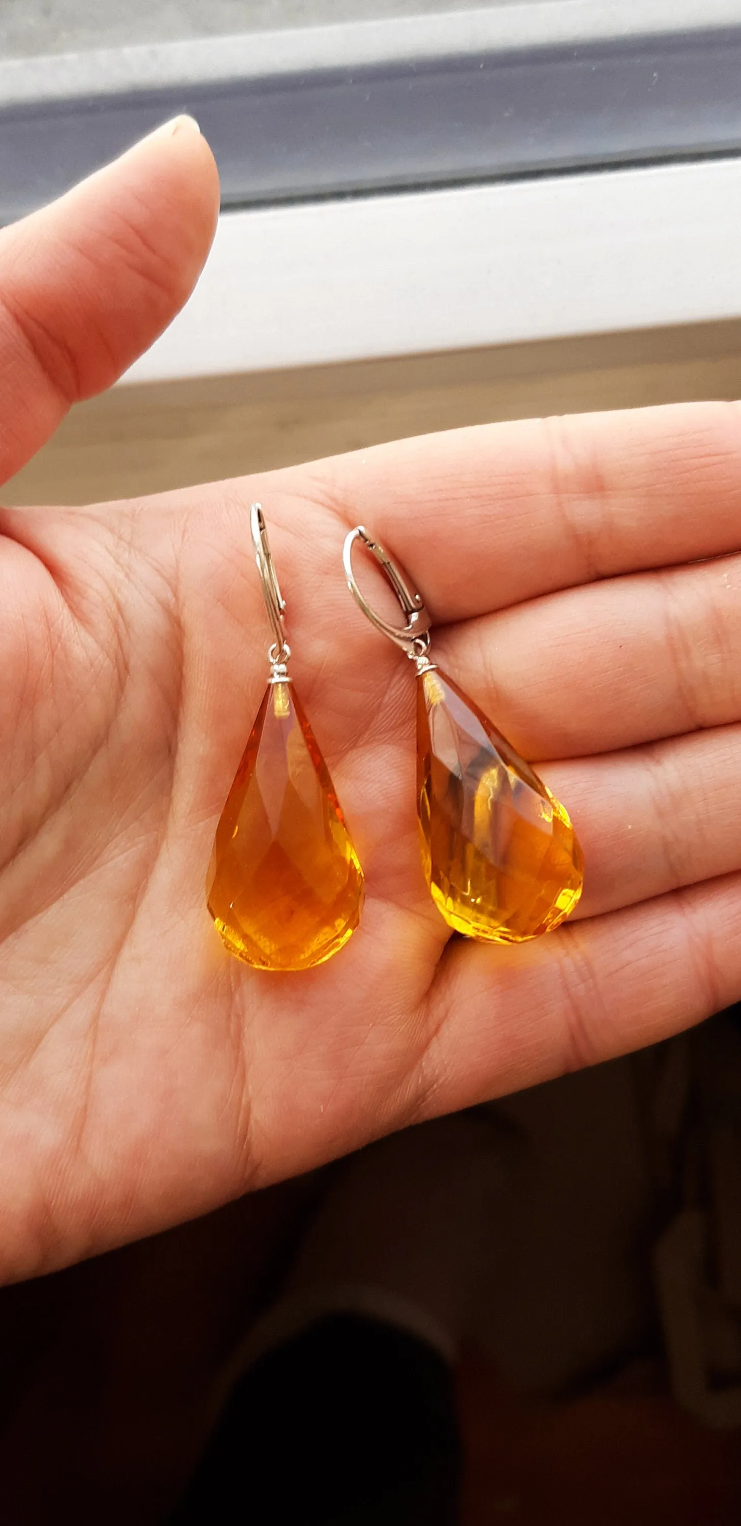 Baltic Amber Earrings Faceted Drop Honey Natural Jewelry 2" 7.3 gram 925 Silver