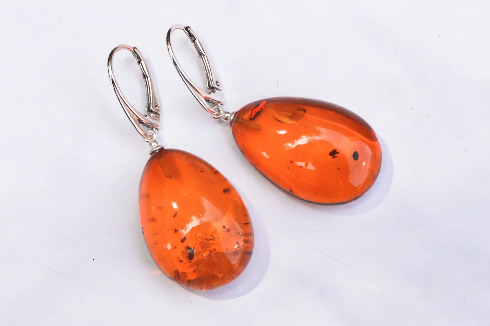 Baltic Amber Earrings Honey Drop Shape Jewelry Natural 1.84" 6.7 gram 925 silver