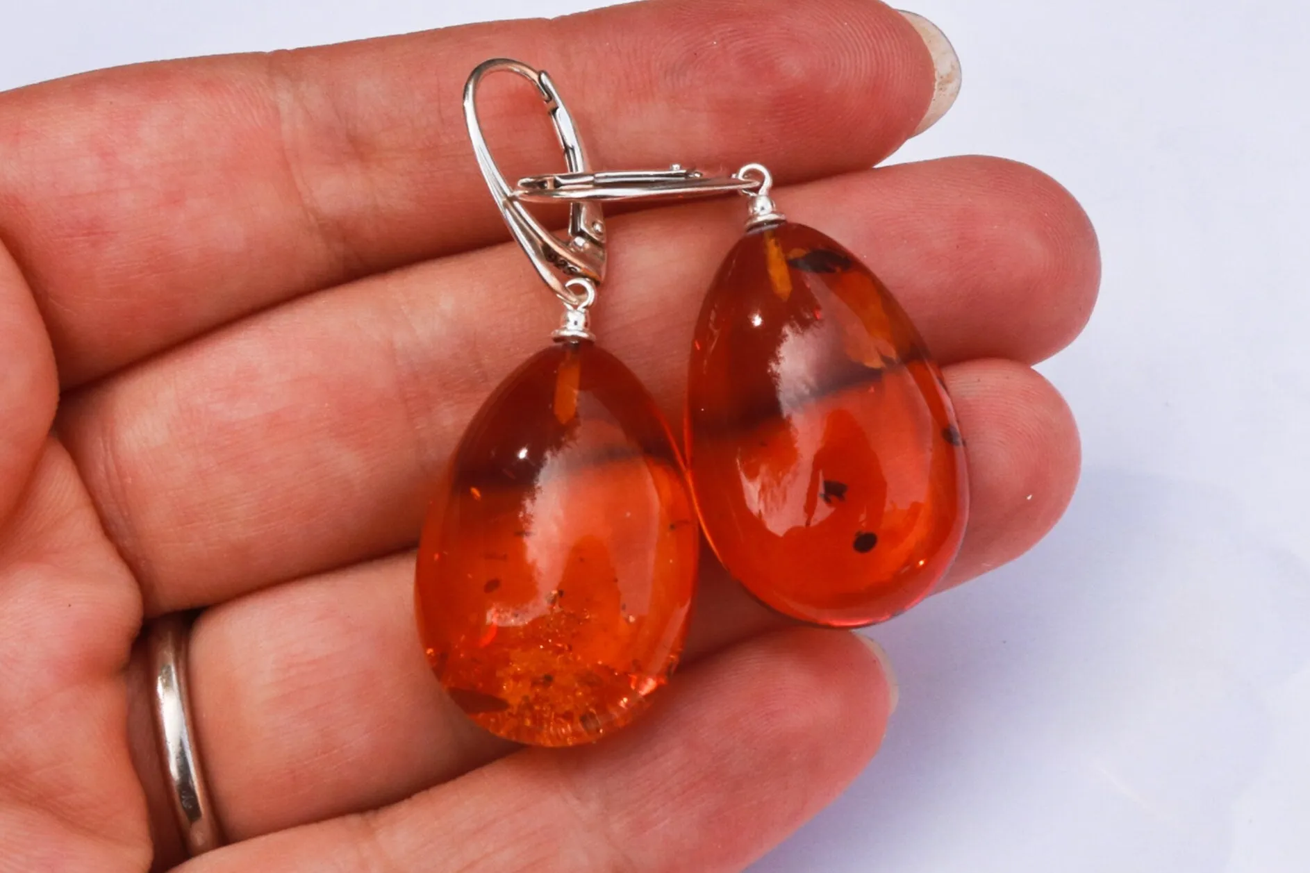 Baltic Amber Earrings Honey Drop Shape Jewelry Natural 1.84" 6.7 gram 925 silver