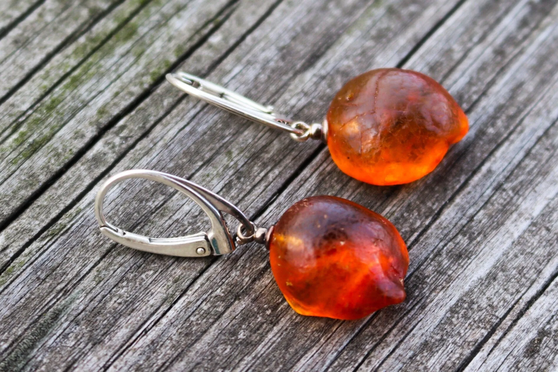 Baltic Amber Earrings Nodule Drops Untreated Natural Jewelry 1.4" 3.5 gram  925 Silver