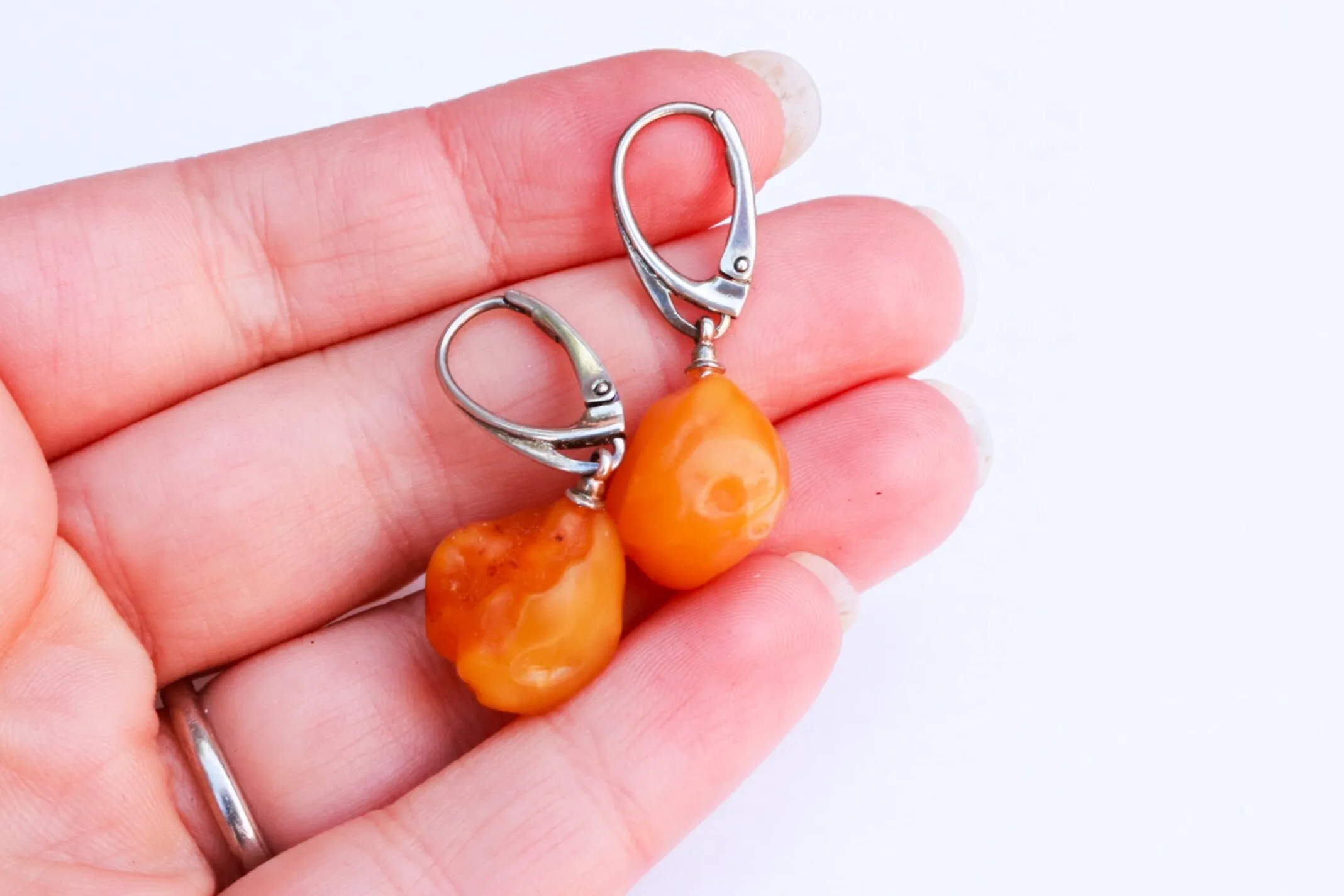 Baltic Amber Earrings Nodule Yolk Drop Natural Untreated Raw Healing Caramel Jewelry 3.9 gram 925 Silver