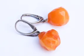 Baltic Amber Earrings Nodule Yolk Drop Natural Untreated Raw Healing Caramel Jewelry 3.9 gram 925 Silver