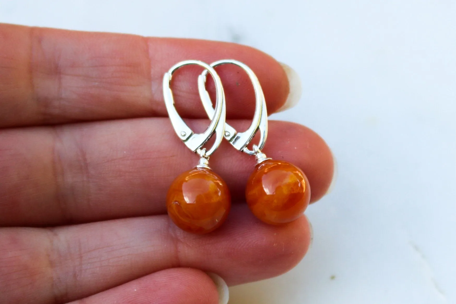 Baltic Amber Earrings Pink Rose Ball Dangling Jewelry 11 mm 1.2" 3 gram