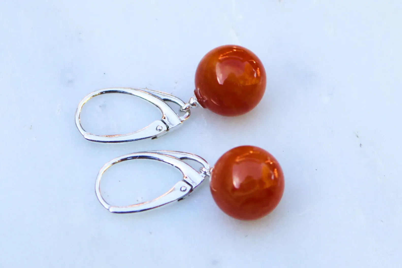 Baltic Amber Earrings Pink Rose Ball Dangling Jewelry 11 mm 1.2" 3 gram