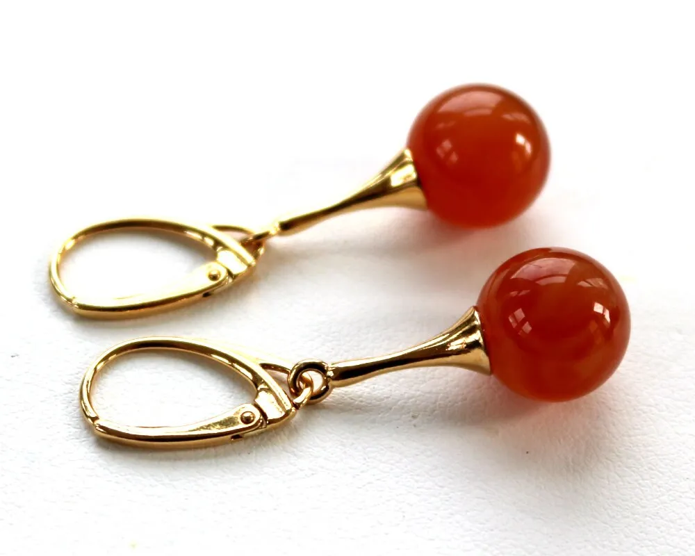 Baltic Amber Earrings Pink Rose Ball Gold Plated Dangling Jewelry 11 mm 1.6" 3.9 gram