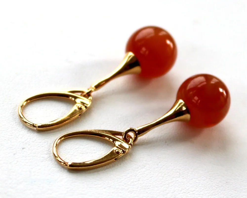 Baltic Amber Earrings Pink Rose Ball Gold Plated Dangling Jewelry 11 mm 1.6" 3.9 gram