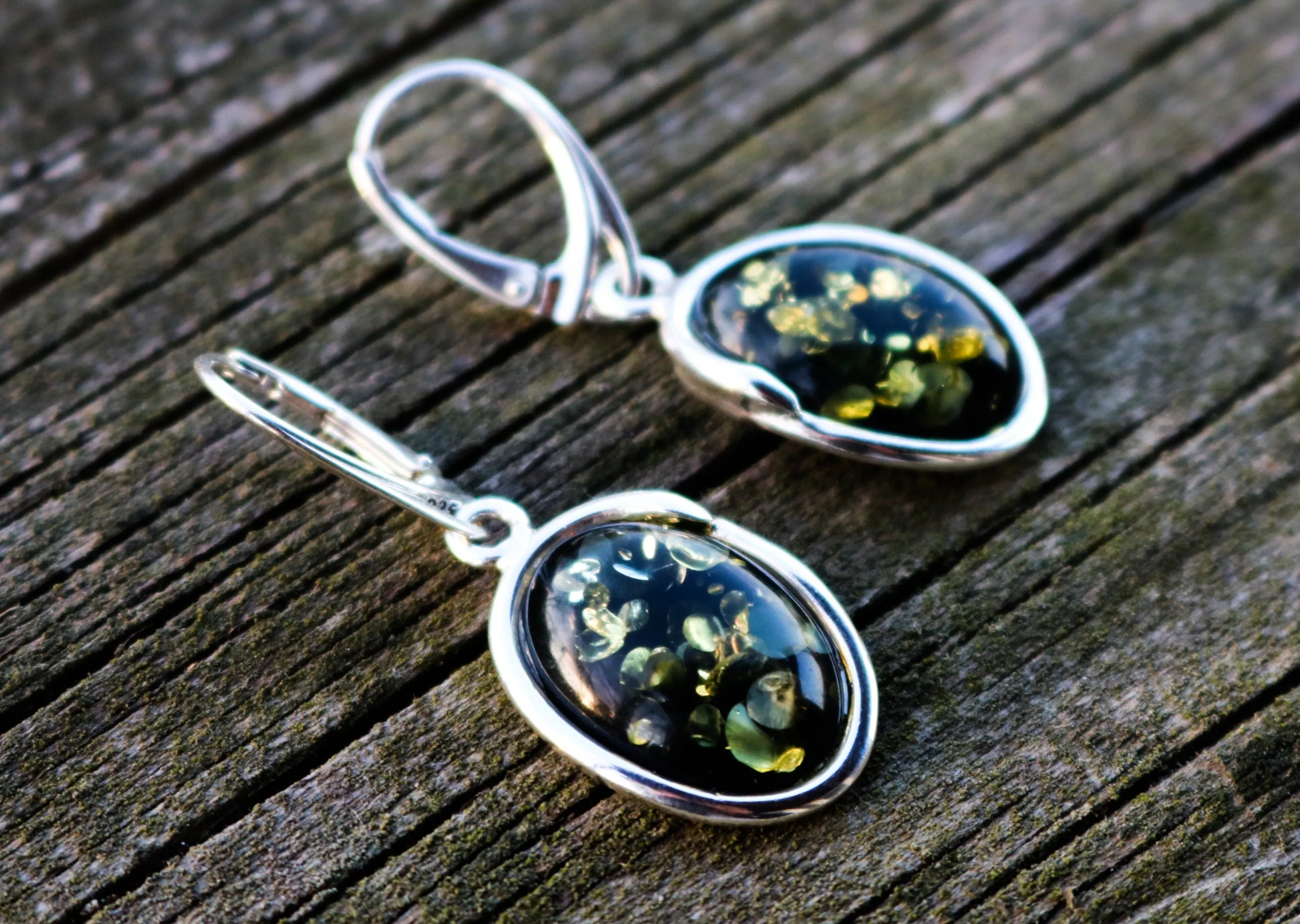 Baltic Amber Green Earrings Oval Sparkling 1.6" 5.4 gram 925 Silver