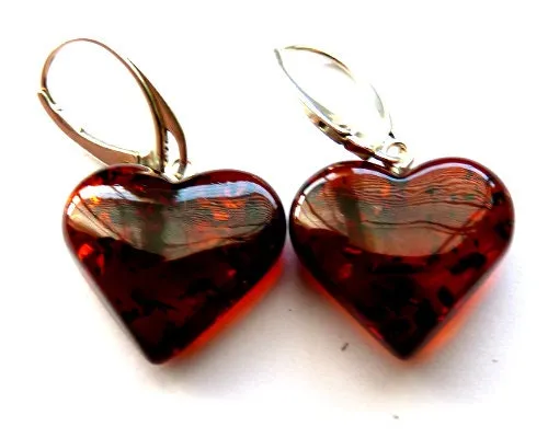 Baltic Amber Heart Earrings Cherry Natural Dangling Jewelry 1.34″ 3 gram 925 Silver