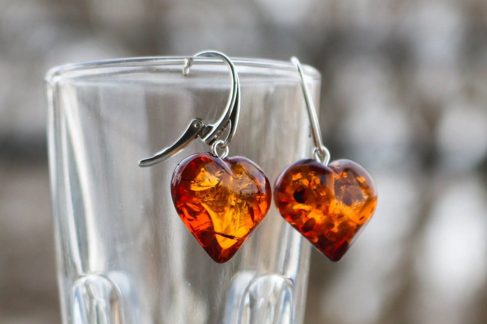 Baltic Amber Heart Earrings Cognac 1.4" 4.6 gram 925 Silver