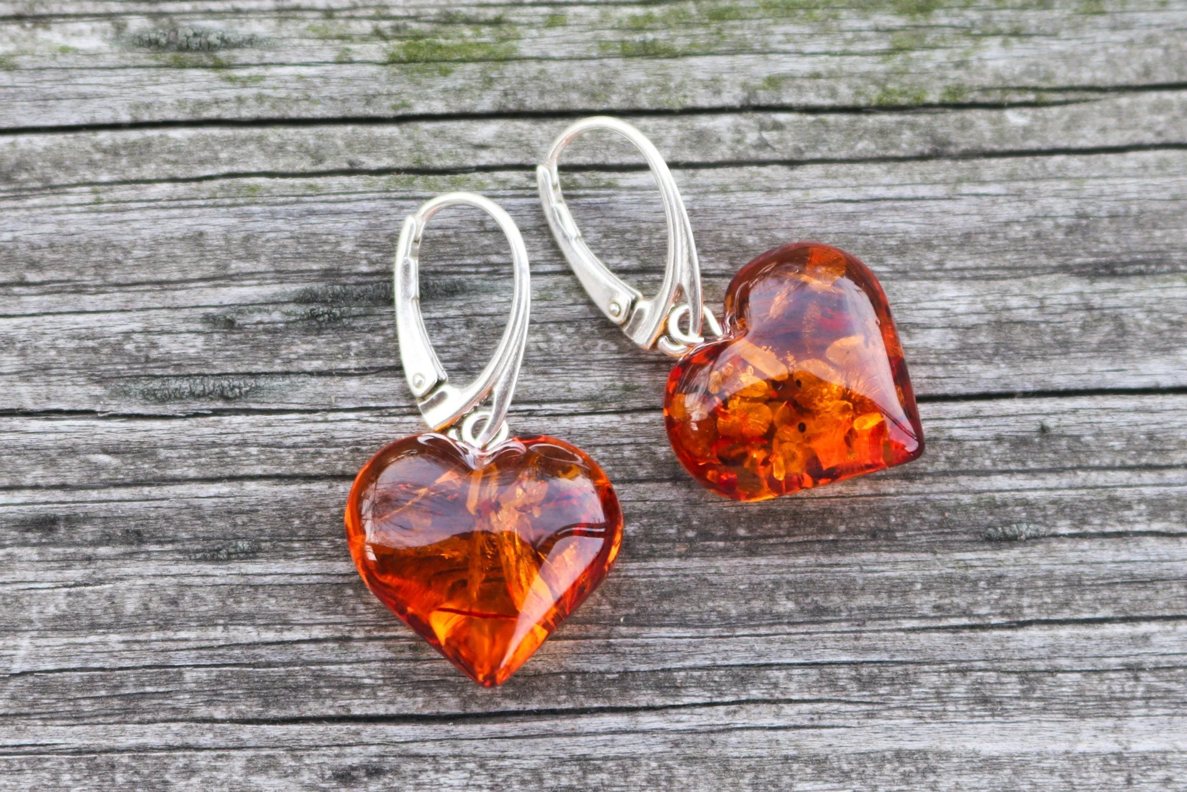 Baltic Amber Heart Earrings Cognac 1.4" 4.6 gram 925 Silver