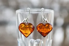 Baltic Amber Heart Earrings Cognac 1.4" 4.6 gram 925 Silver