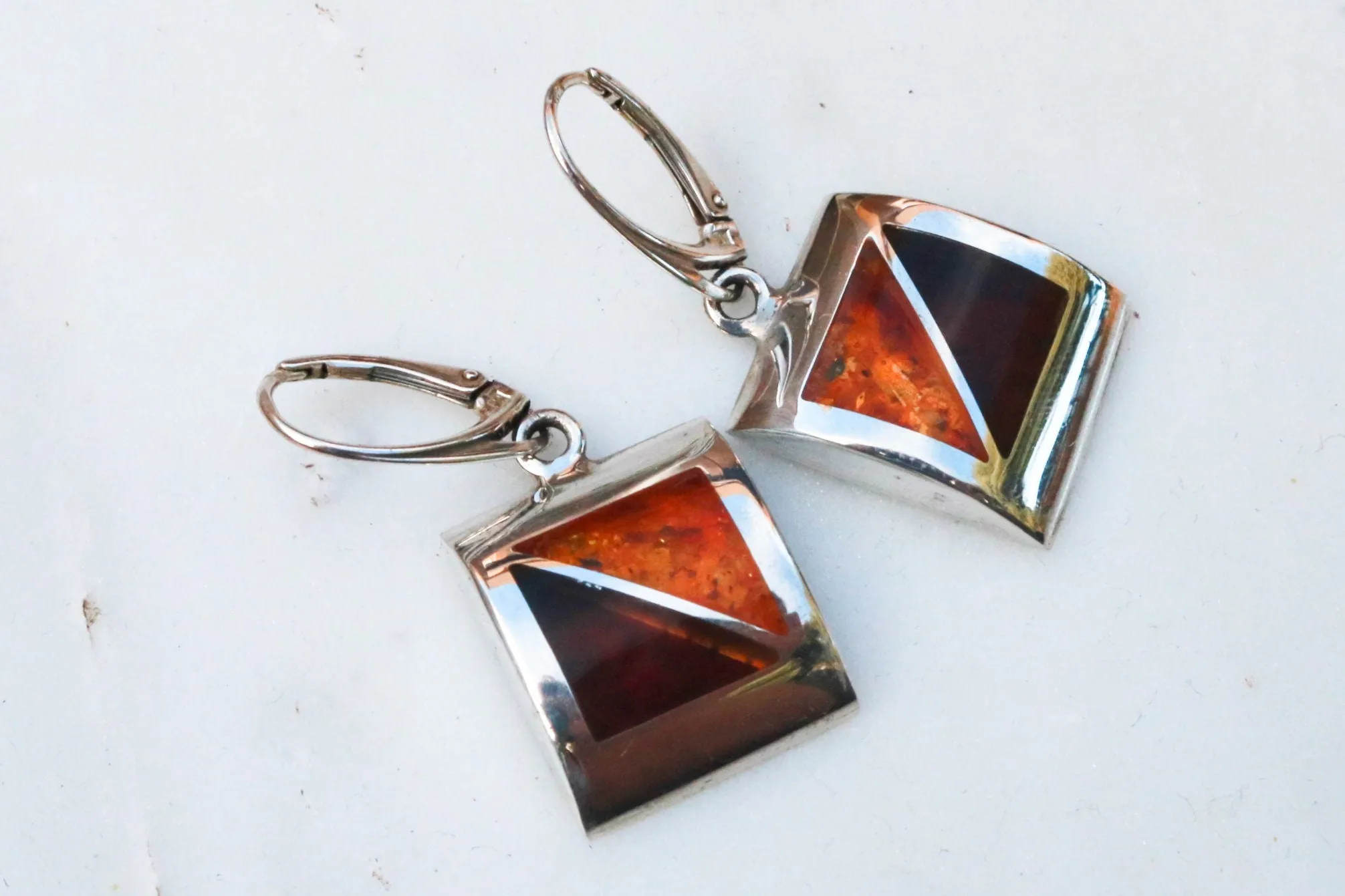 Baltic Amber Jewelry Set Mosaic Earrings Pendant Ring Natural Cognac Honey Multicolor 925 Silver