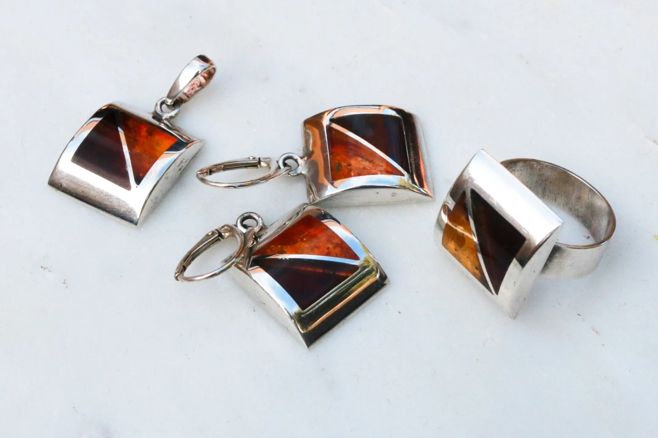 Baltic Amber Jewelry Set Mosaic Earrings Pendant Ring Natural Cognac Honey Multicolor 925 Silver