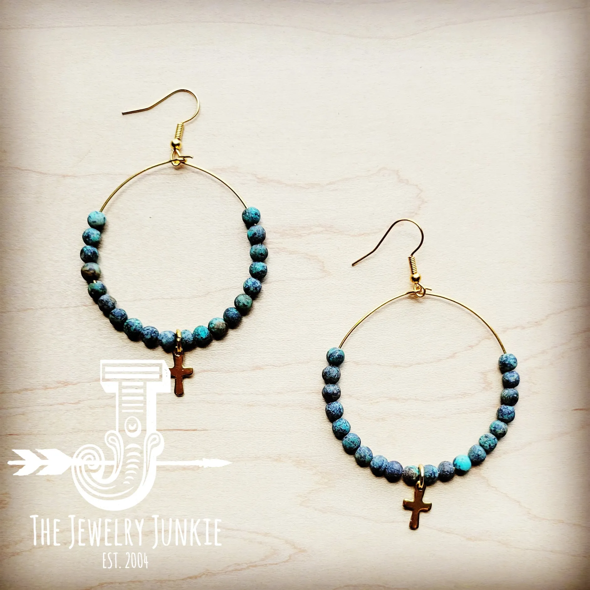 Beaded Hoop Earrings- African Turquoise w/ Cross Dangle 215e