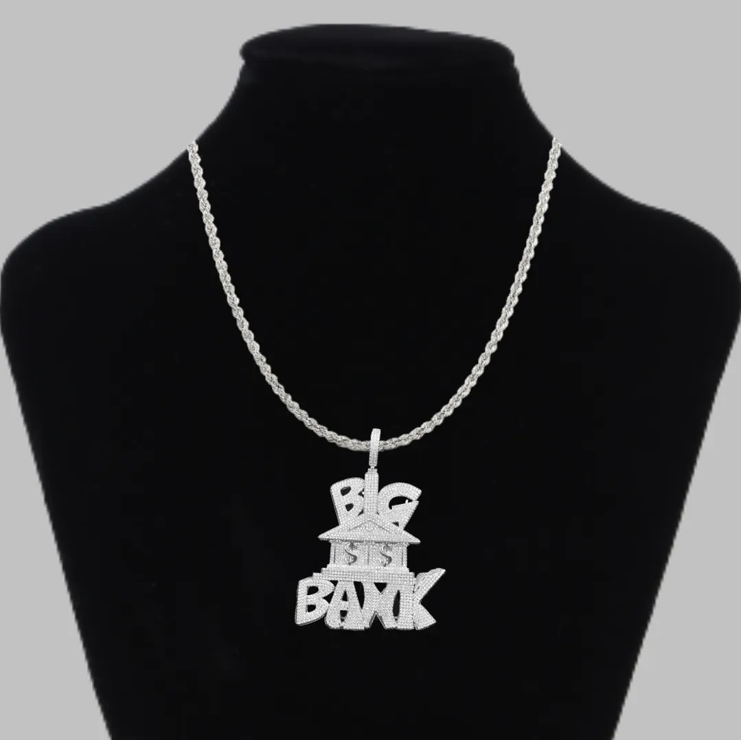 Big Bank with Dollar Signs Iced Out Letter Diamond Pendant Necklace