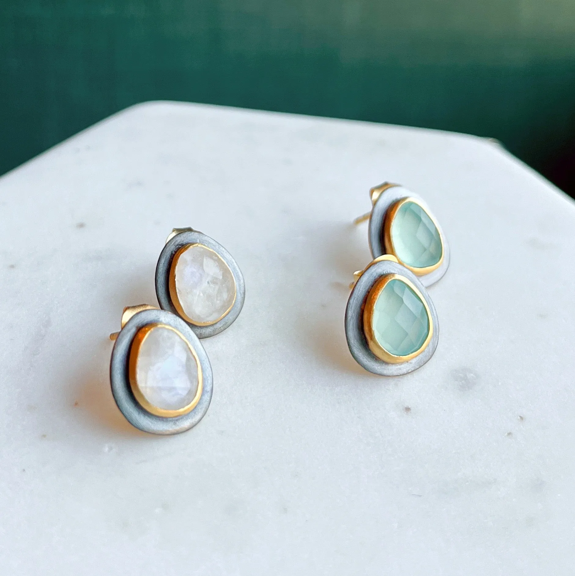 Black & Gold Teardrop Stud Earrings: Blue Chalcedony