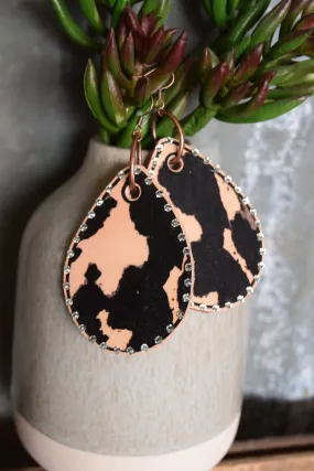 Black Cowprint Teardrop Leather Earrings