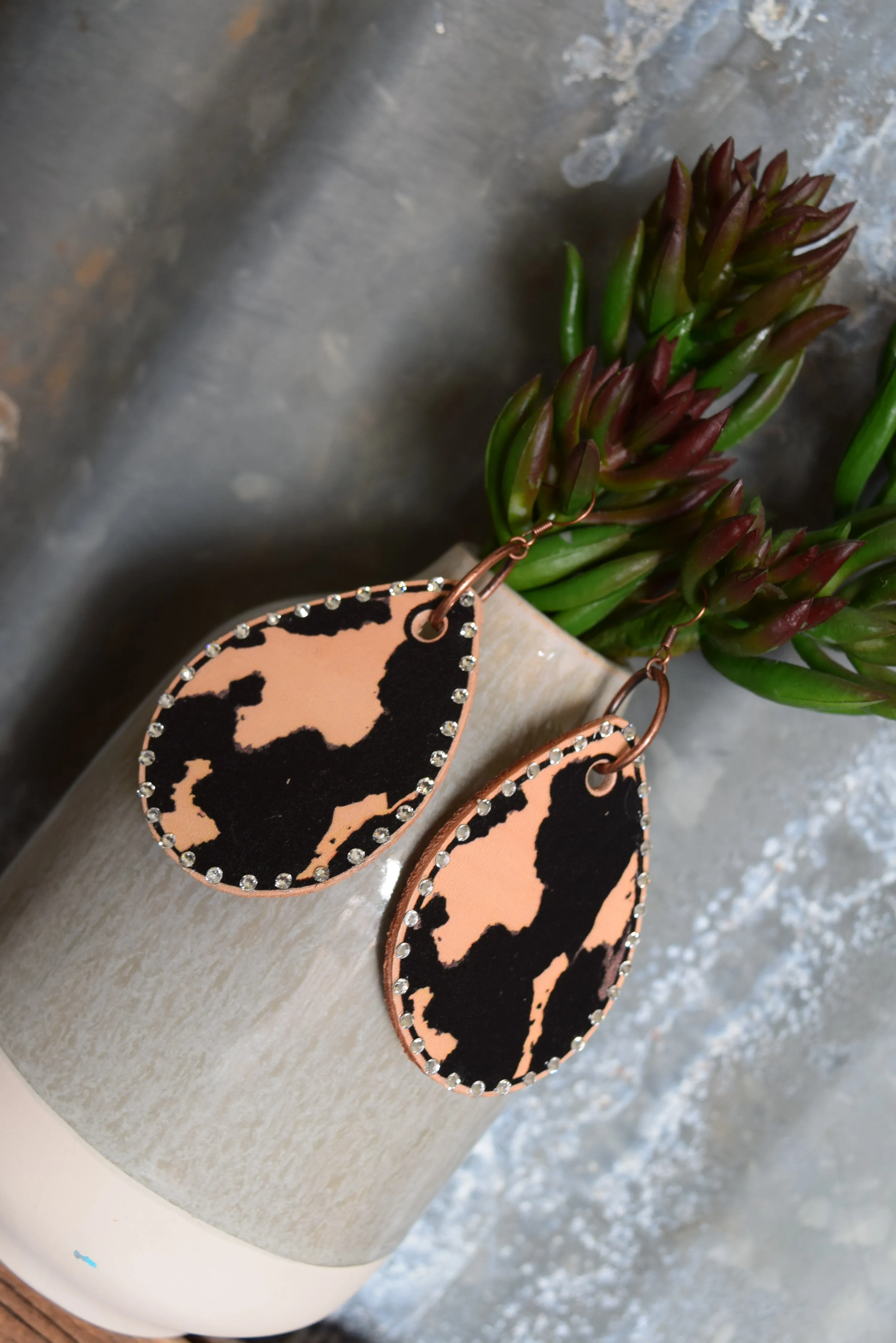 Black Cowprint Teardrop Leather Earrings