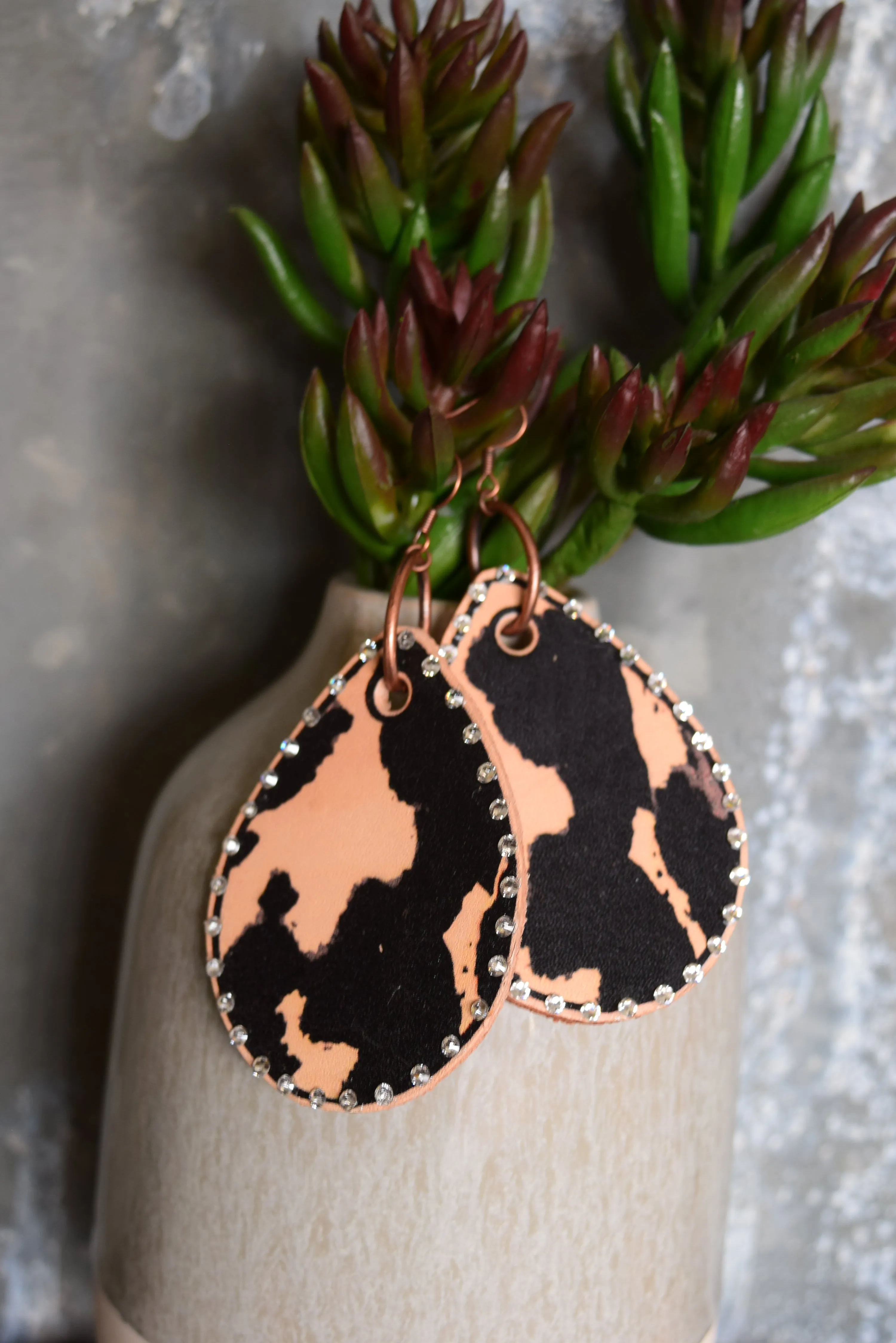 Black Cowprint Teardrop Leather Earrings