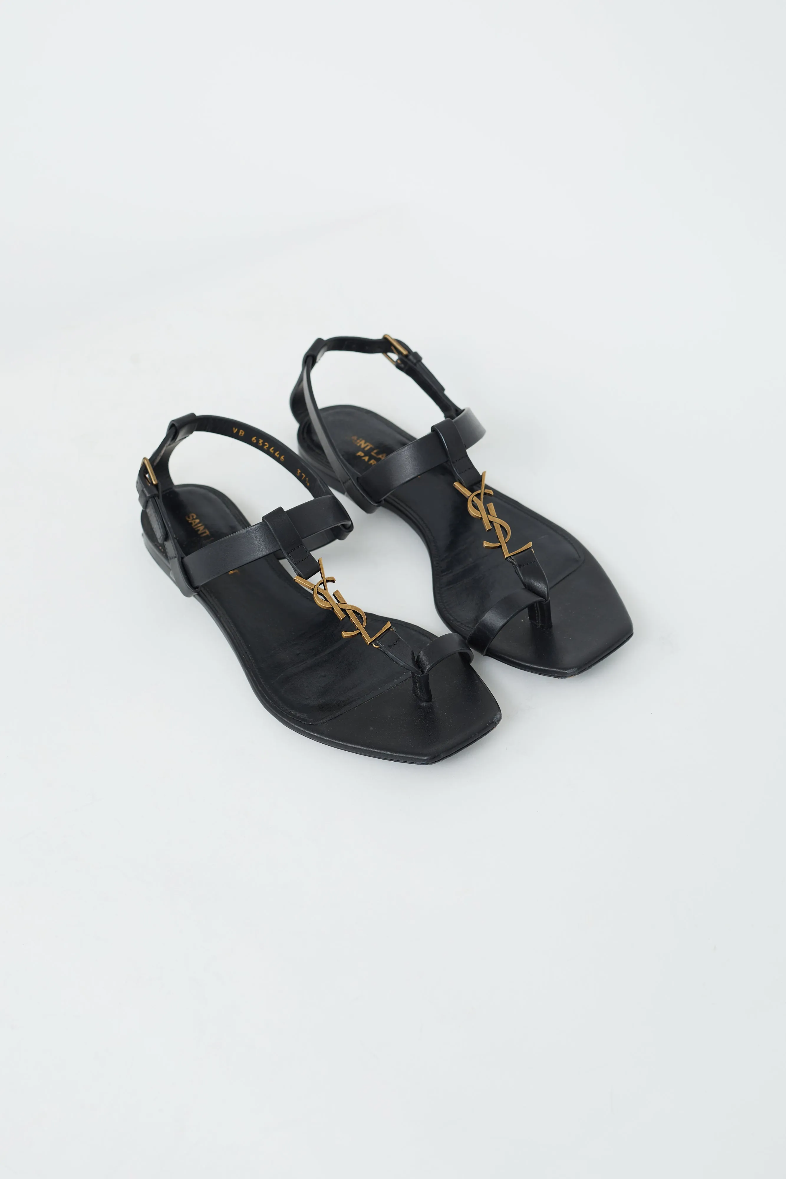 Black Leather & Gold Cassandra Flat Sandal