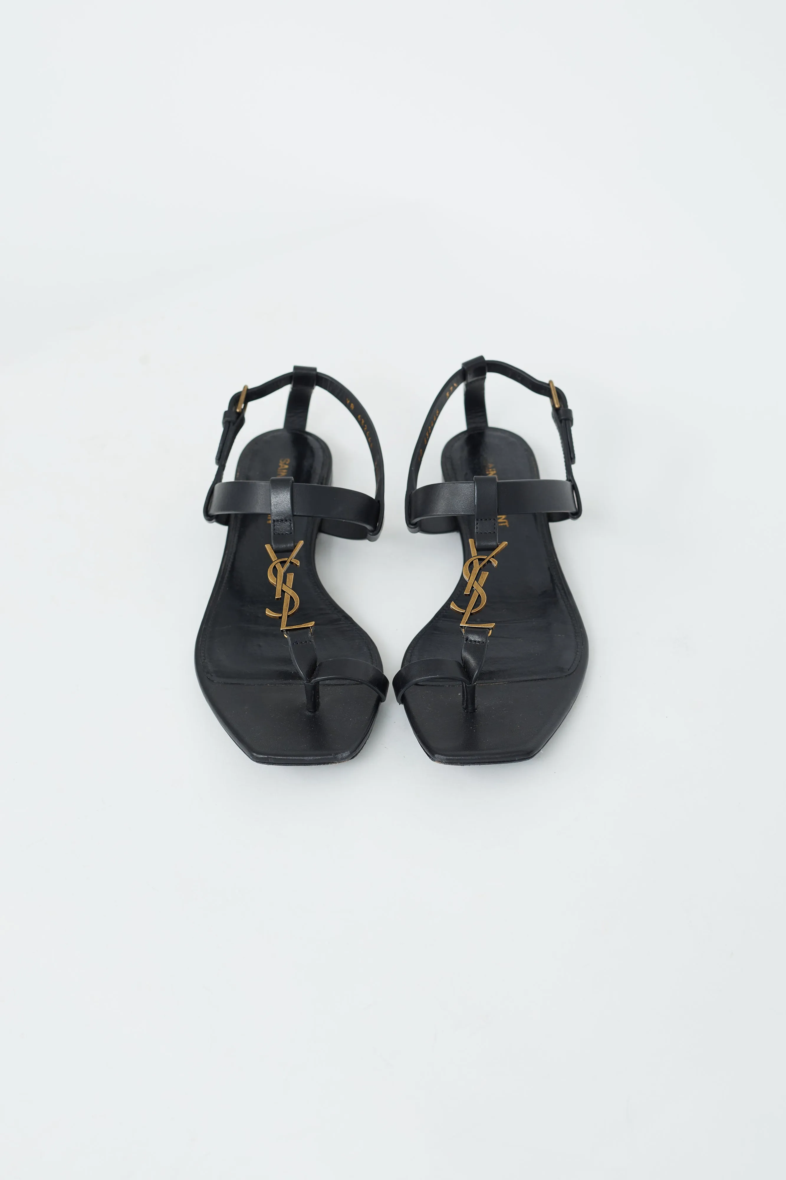 Black Leather & Gold Cassandra Flat Sandal