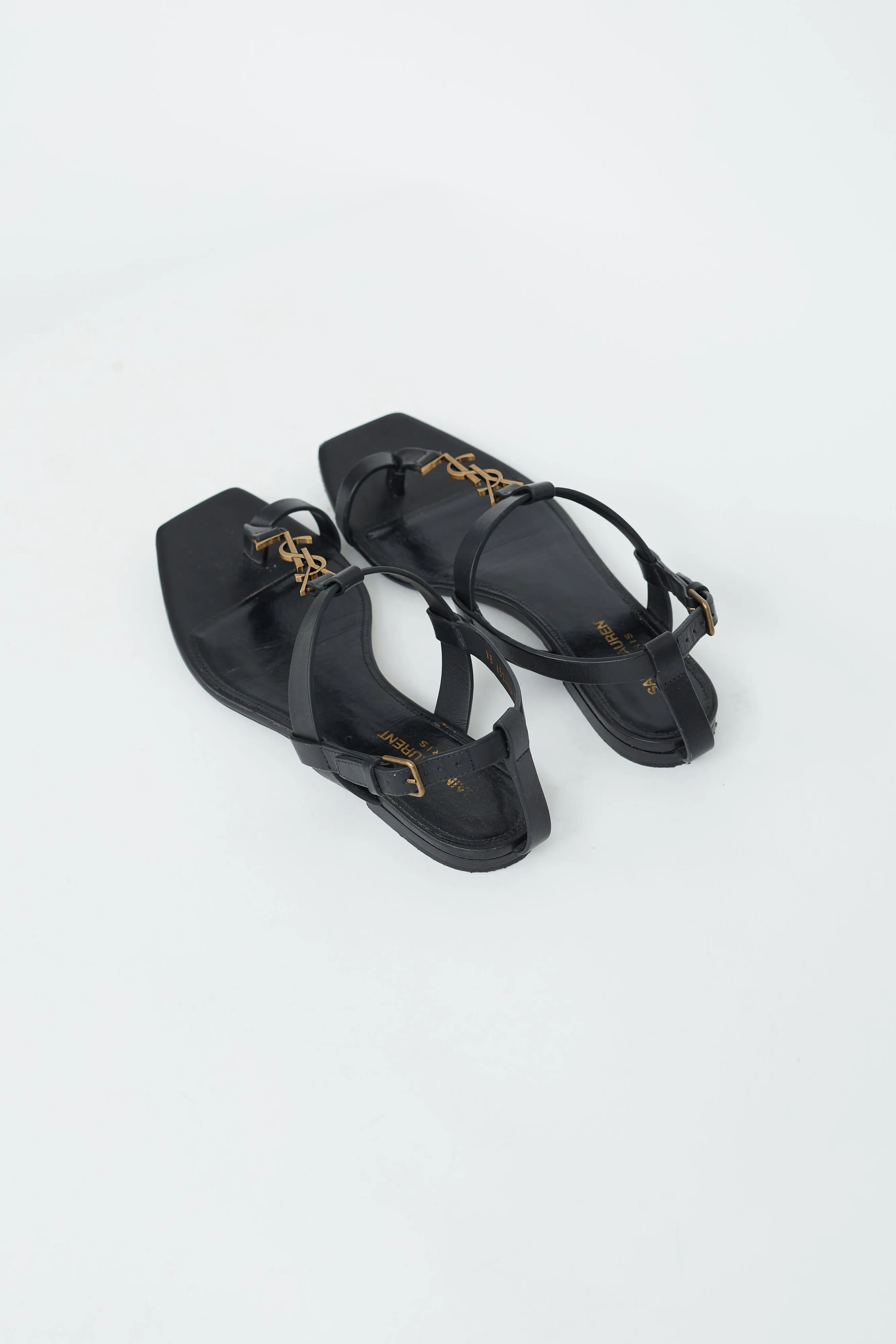 Black Leather & Gold Cassandra Flat Sandal