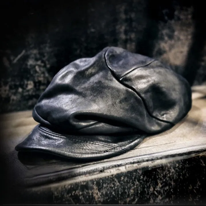 Black Leather Peaked Cap