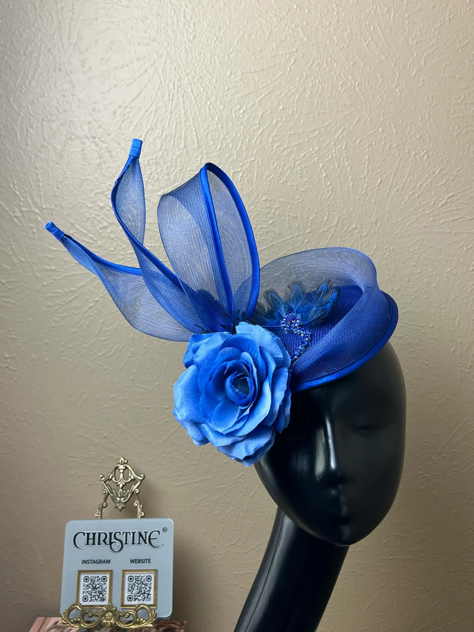 Blue coctail hat Rhinestone feather matching dress