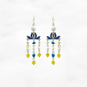 Blue Enamel Lotus Tassel Earrings